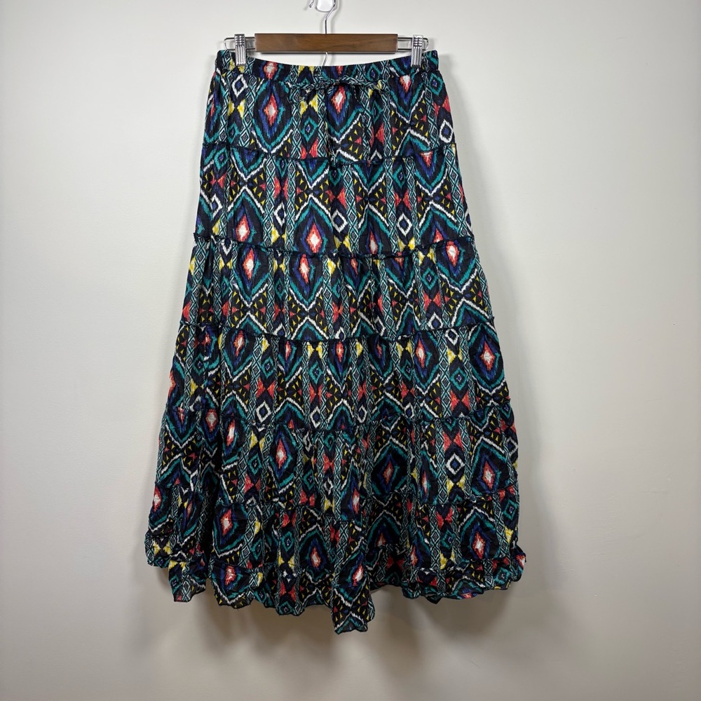 Women M Boho Festival Tiered Maxi Skirt Hippie Coastal Cottagecore Ikat